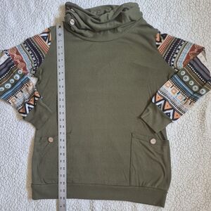 Olive Green Cowl Neck Sweater with Patterned Sleeves
